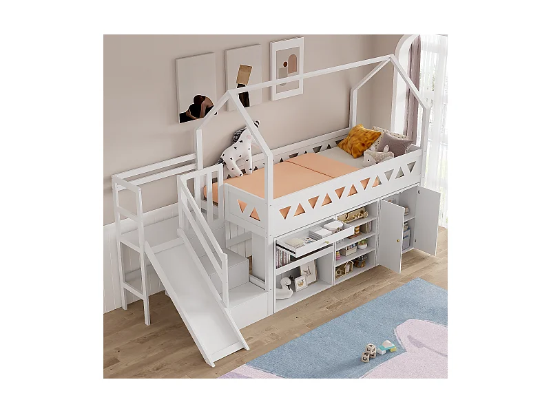 Kinderhochbett 90 x 200 cm - Massivholz - Rutsche, Schubladen und Schrank - weiß