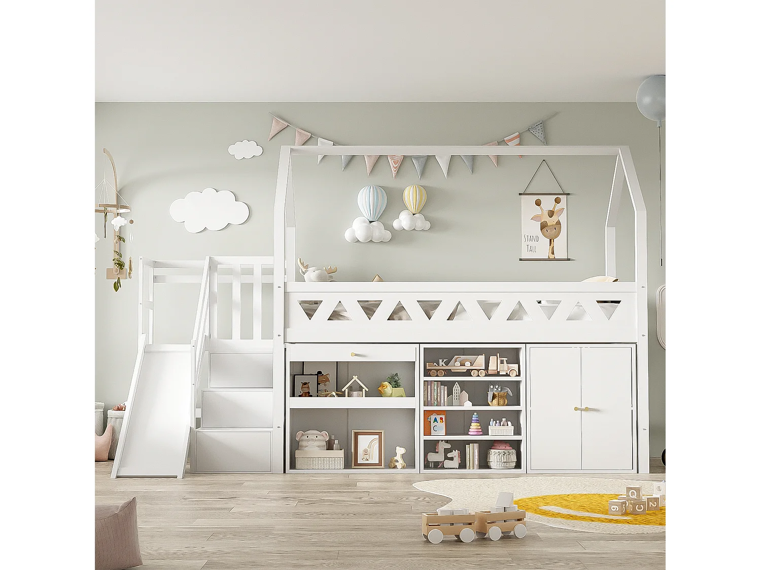 Kinderhochbett 90 x 200 cm - Massivholz - Rutsche, Schubladen und Schrank - weiß