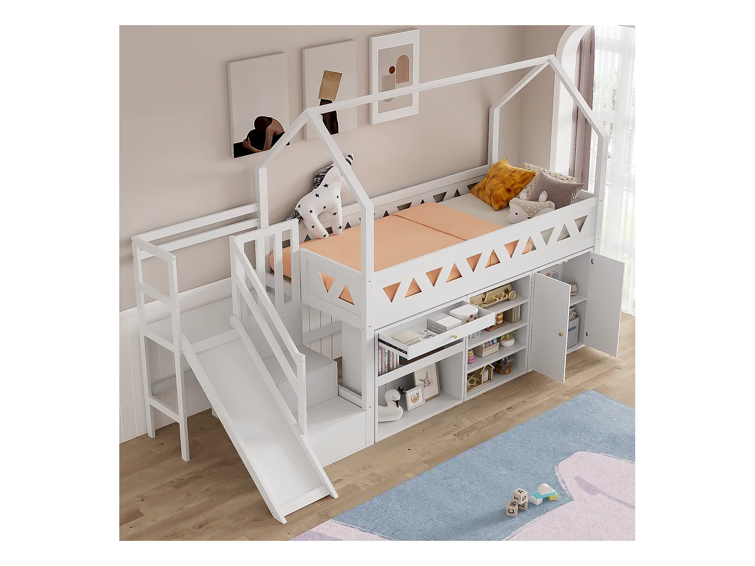 Lit mezzanine enfant 90 x 200 cm - bois massif - toboggan, tiroirs et casier - blanc