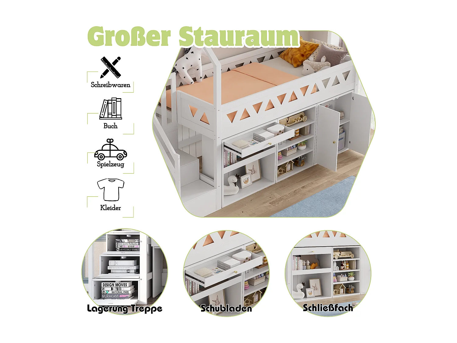 Kinderhochbett 90 x 200 cm - Massivholz - Rutsche, Schubladen und Schrank - weiß