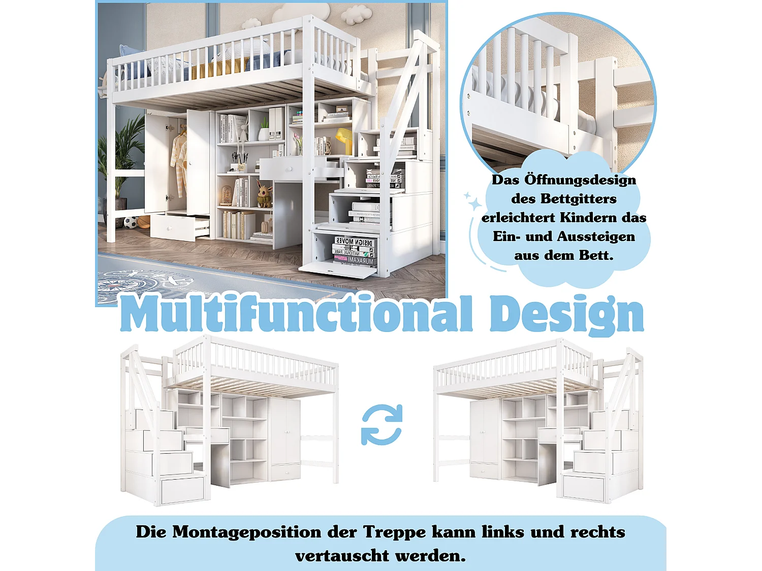 Lit mezzanine 90 x 200 cm avec bureau, étagères et armoir - bois massif - blanc