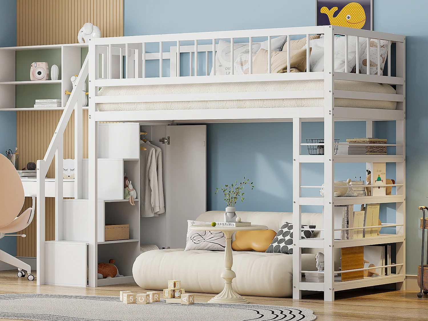 Lit mezzanine 90 x 200 cm - étagères + armoire + espace de rangement - bois massif - blanc