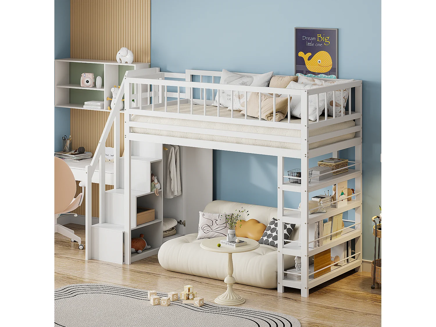 Lit mezzanine 90 x 200 cm - étagères + armoire + espace de rangement - bois massif - blanc