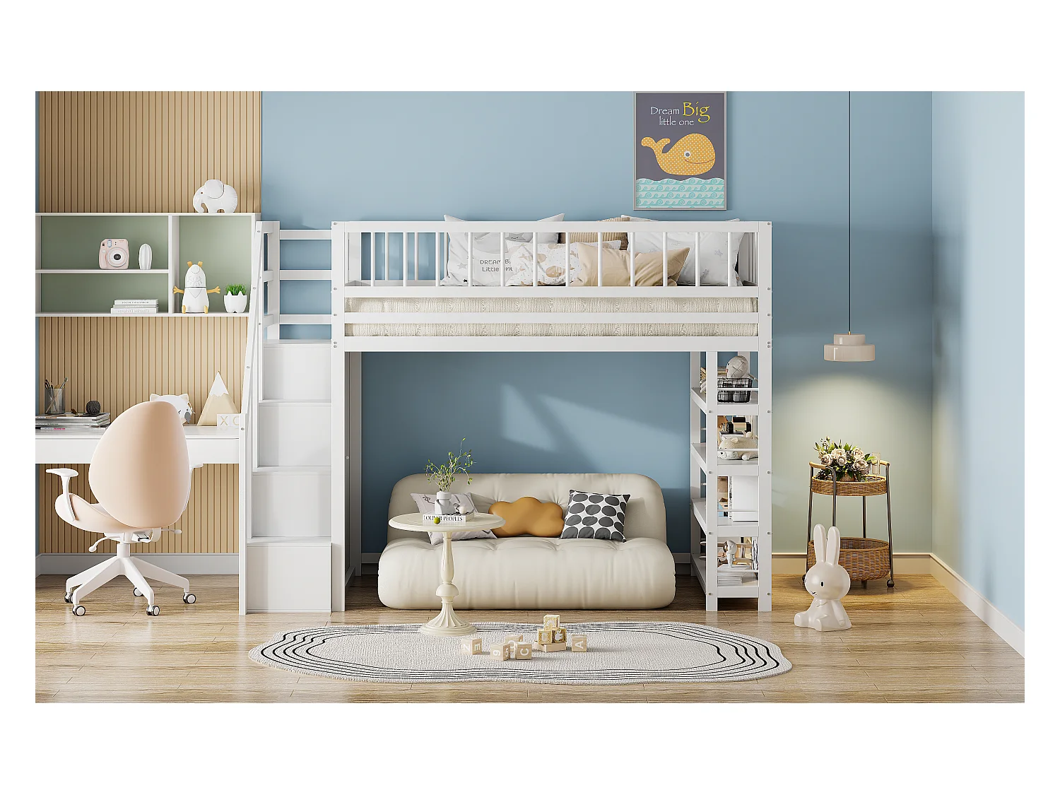 Lit mezzanine 90 x 200 cm - étagères + armoire + espace de rangement - bois massif - blanc