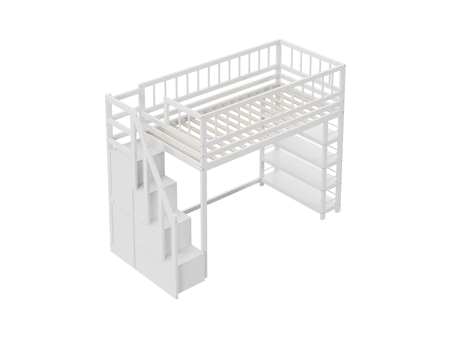 Lit mezzanine 90 x 200 cm - étagères + armoire + espace de rangement - bois massif - blanc