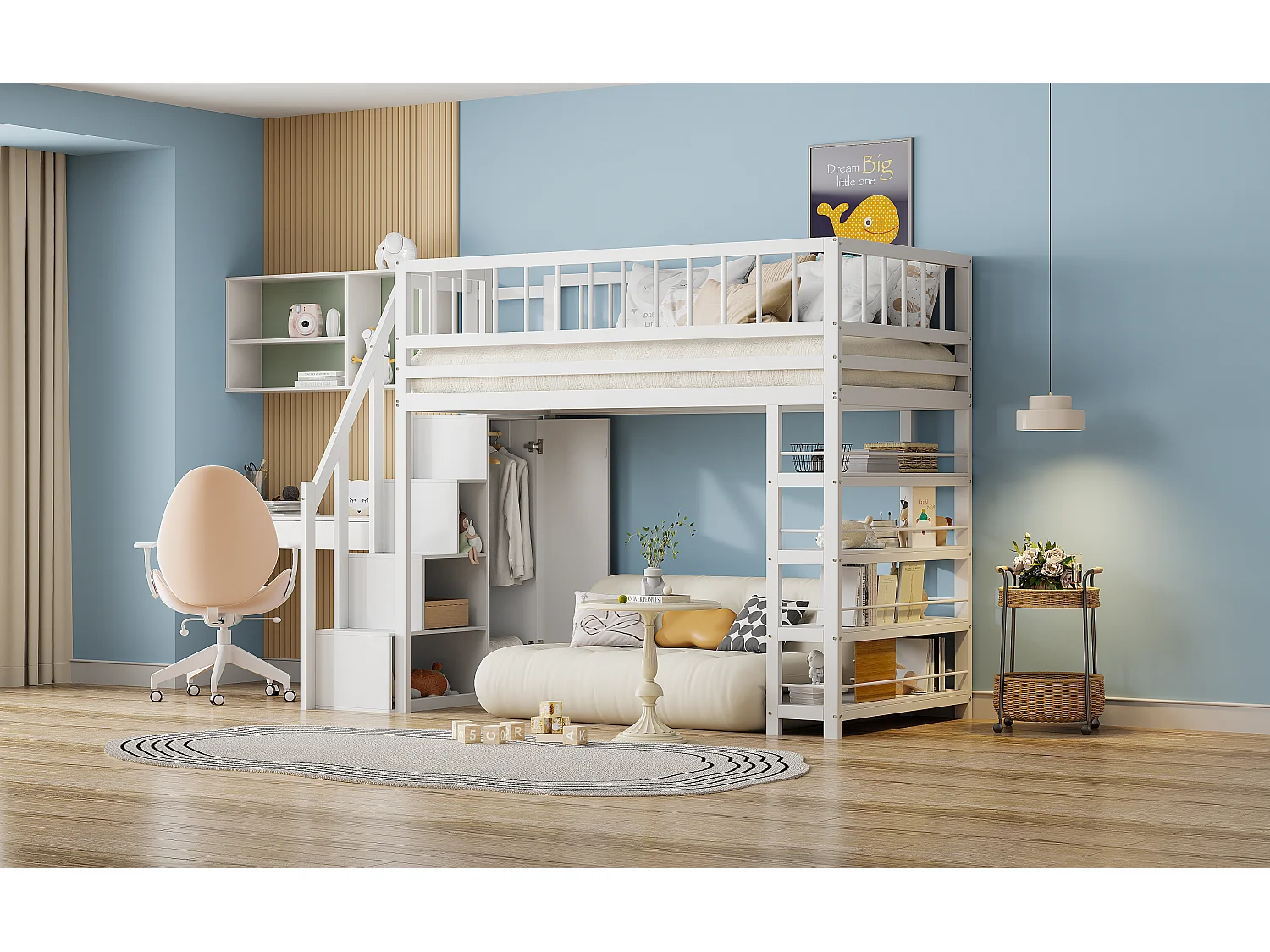 Lit mezzanine 90 x 200 cm - étagères + armoire + espace de rangement - bois massif - blanc