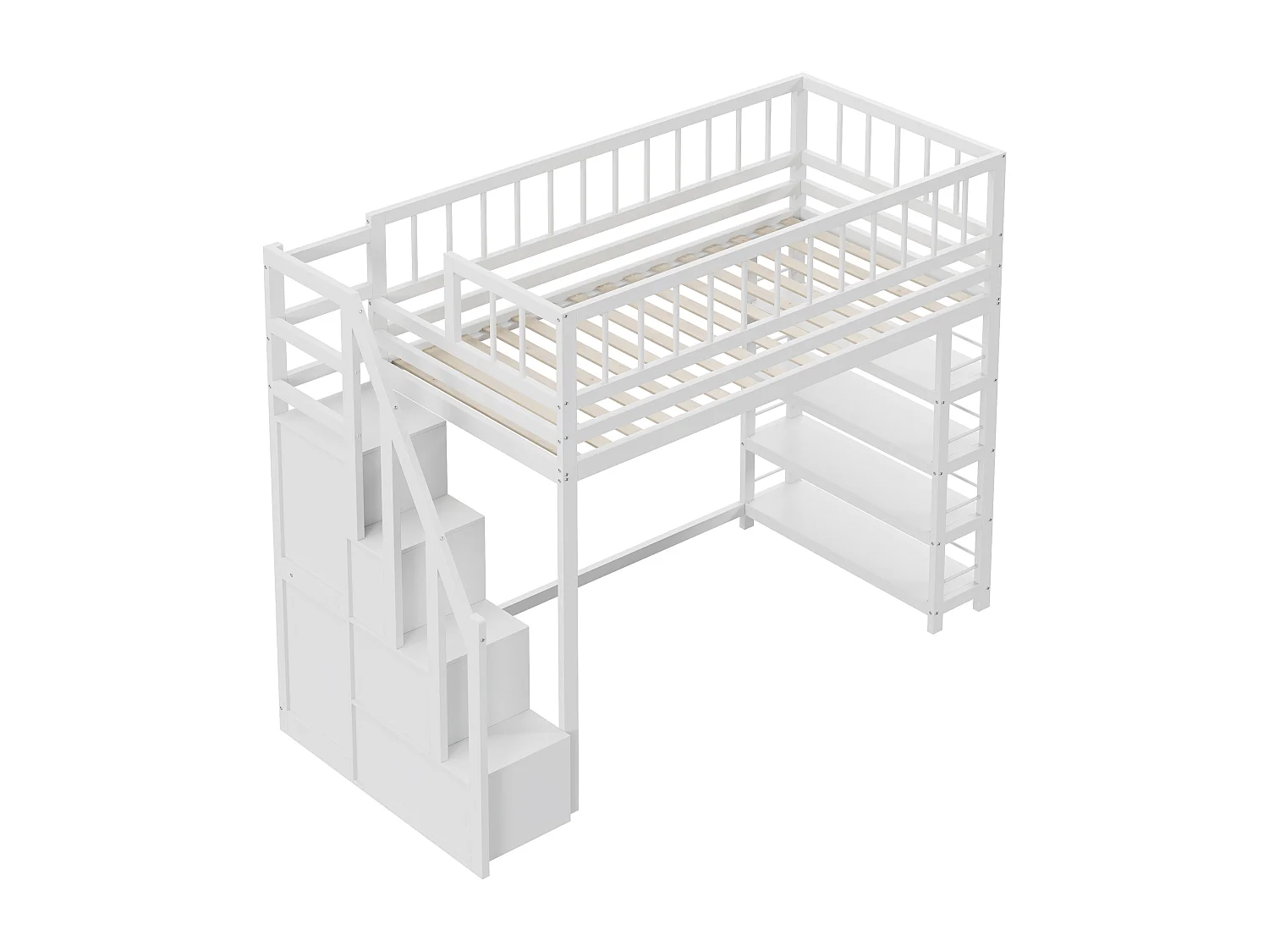 Lit mezzanine 90 x 200 cm - étagères + armoire + espace de rangement - bois massif - blanc