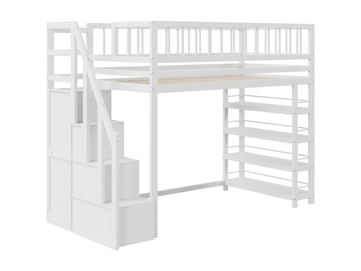 Lit mezzanine 90 x 200 cm - étagères + armoire + espace de rangement - bois massif - blanc