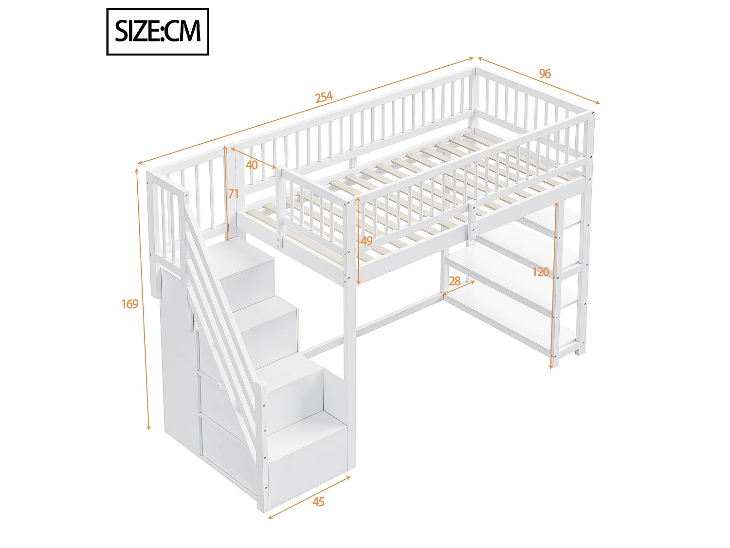 Lit mezzanine 90 x 200 cm - étagères + armoire + espace de rangement - bois massif - blanc