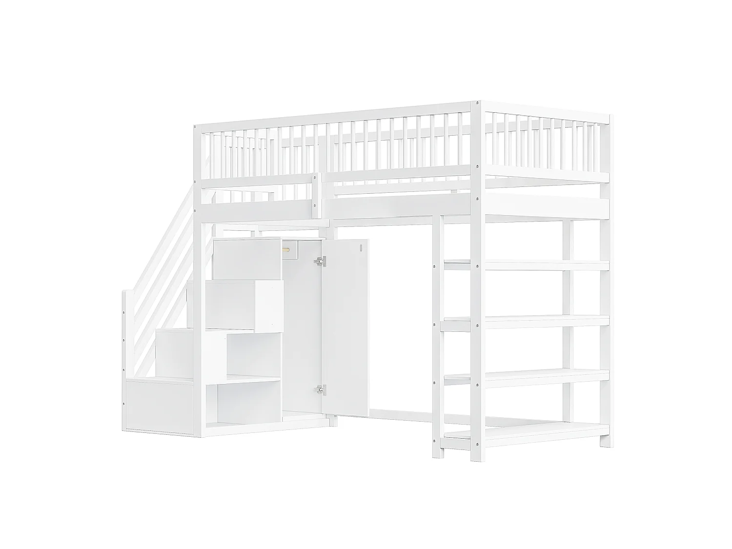 Lit mezzanine 90 x 200 cm - étagères + armoire + espace de rangement - bois massif - blanc