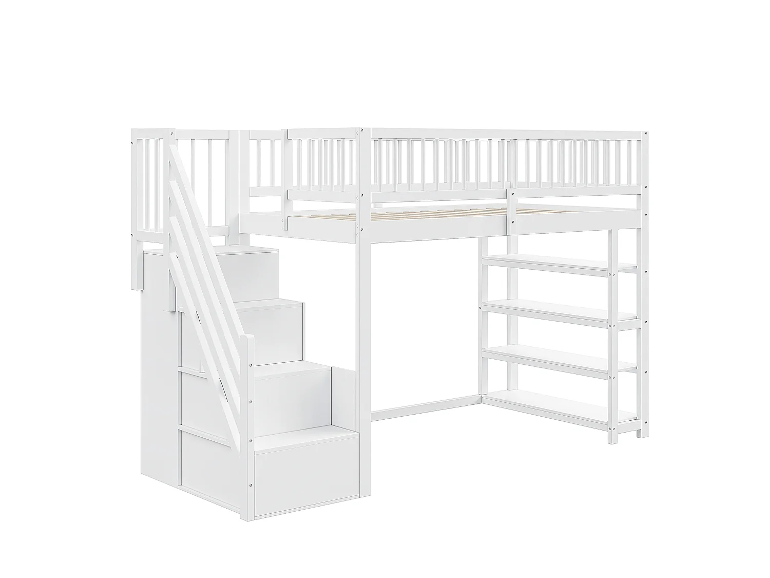 Lit mezzanine 90 x 200 cm - étagères + armoire + espace de rangement - bois massif - blanc