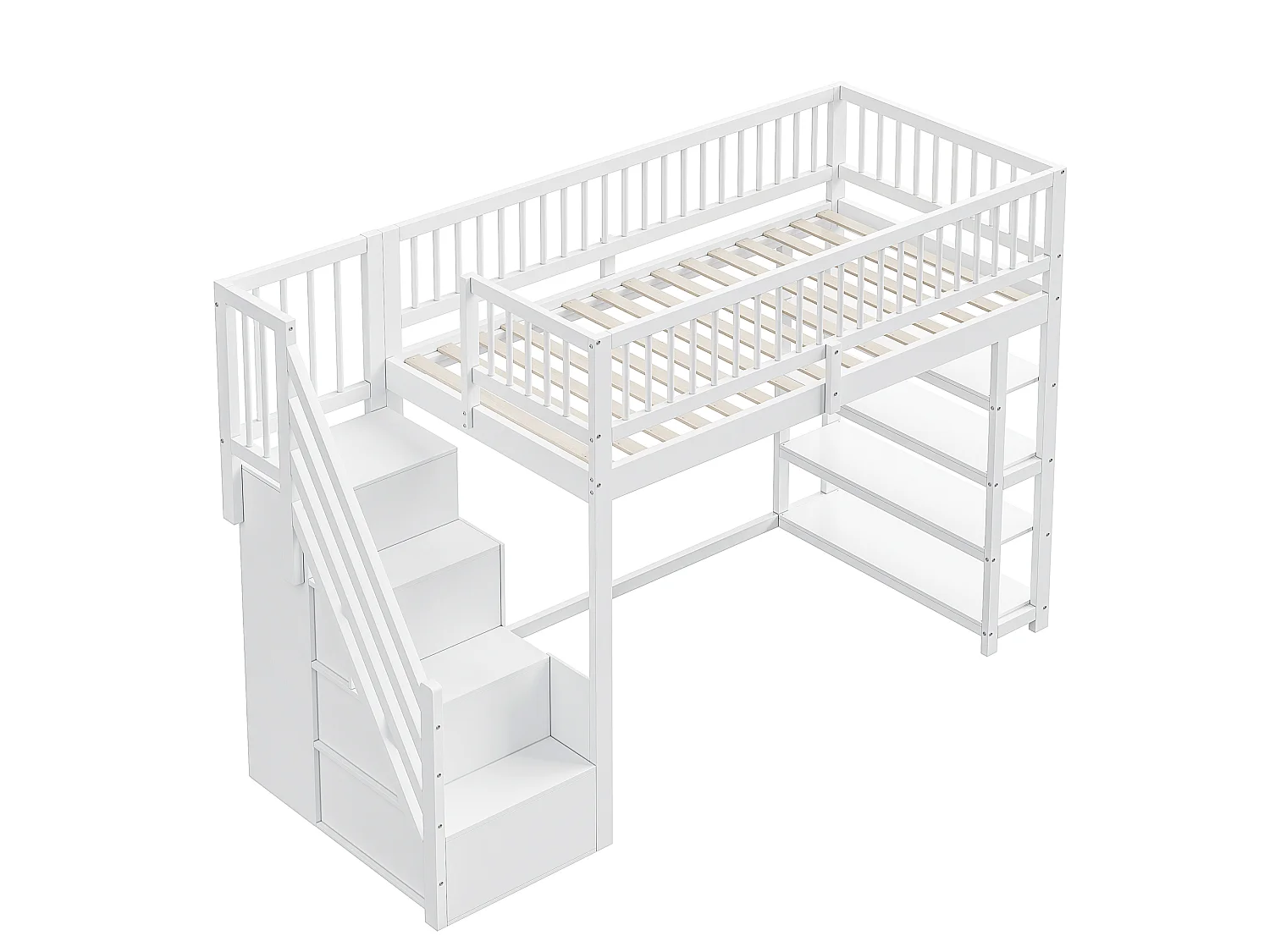 Lit mezzanine 90 x 200 cm - étagères + armoire + espace de rangement - bois massif - blanc