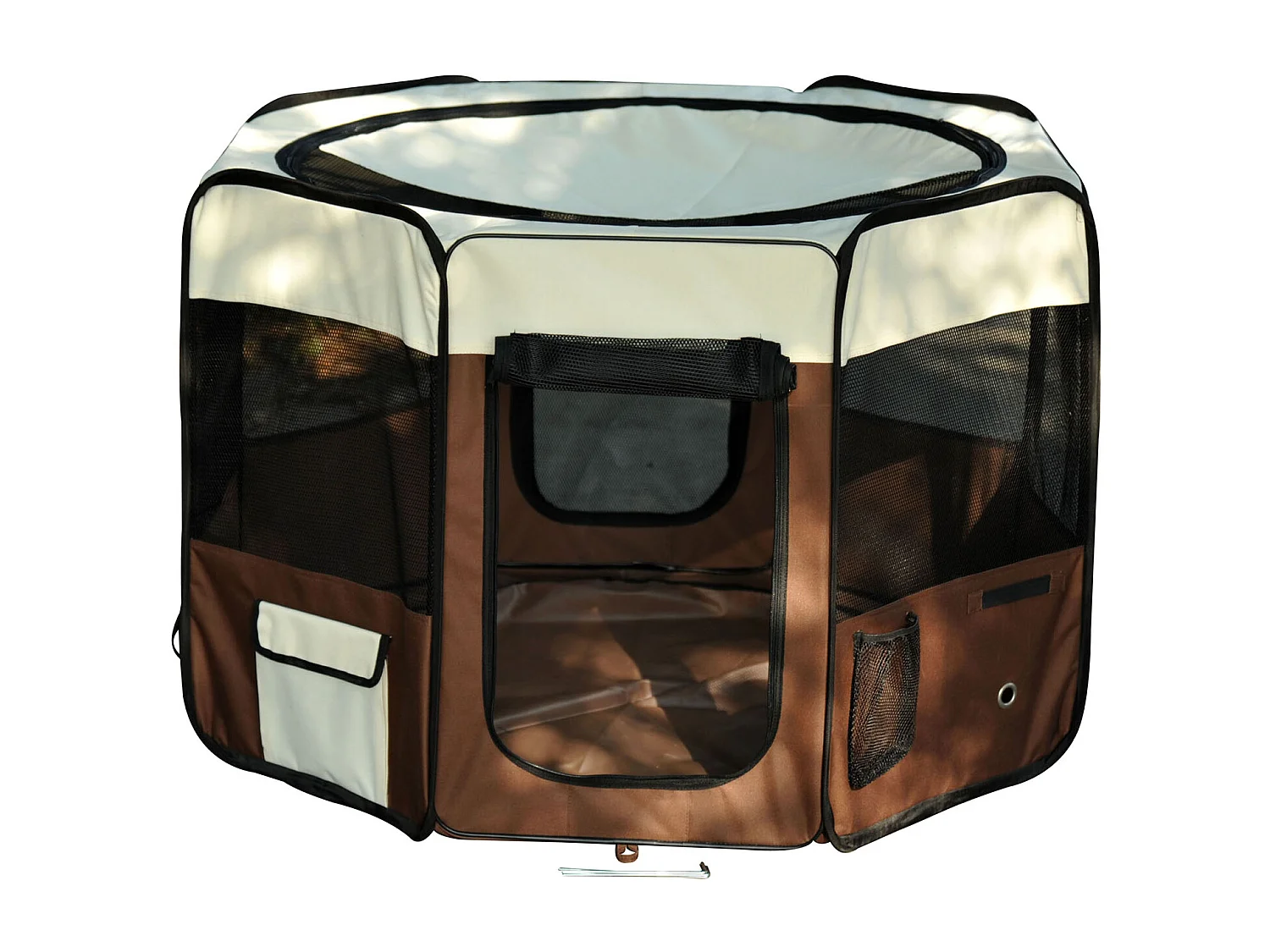 Parc enclos pliable chien chat Ø 117 x 76H cm - 2 portes, 2 poches, sac transport - acier Oxford marron beige