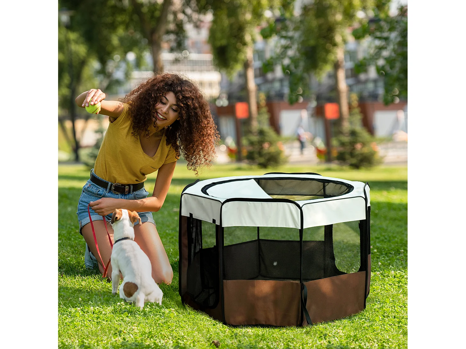 Parc enclos pliable chien chat Ø 117 x 76H cm - 2 portes, 2 poches, sac transport - acier Oxford marron beige