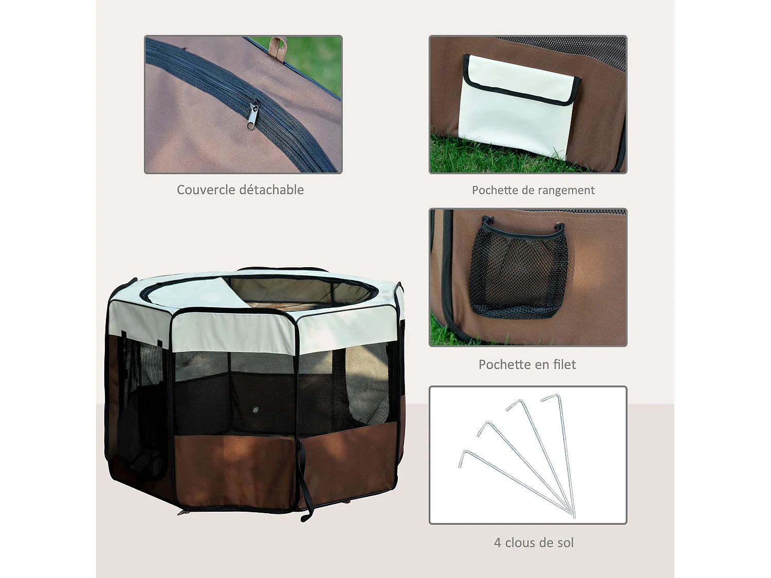 Parc enclos pliable chien chat Ø 117 x 76H cm - 2 portes, 2 poches, sac transport - acier Oxford marron beige
