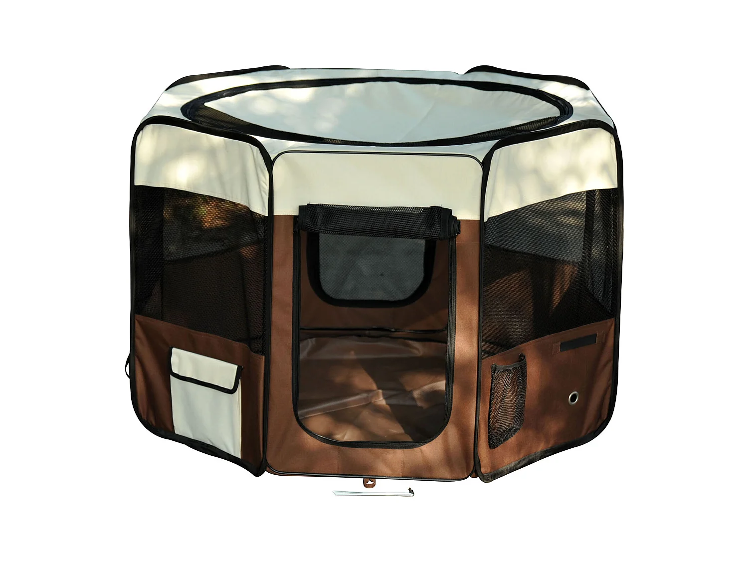Parc enclos pliable chien chat Ø 117 x 76H cm - 2 portes, 2 poches, sac transport - acier Oxford marron beige