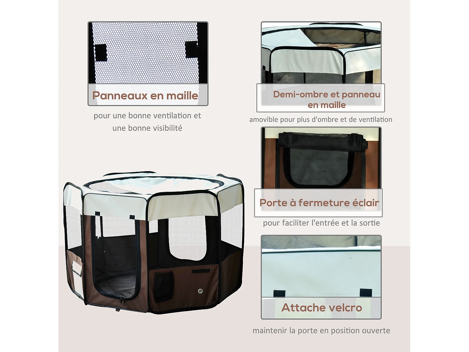 Parc enclos pliable chien chat Ø 117 x 76H cm - 2 portes, 2 poches, sac transport - acier Oxford marron beige