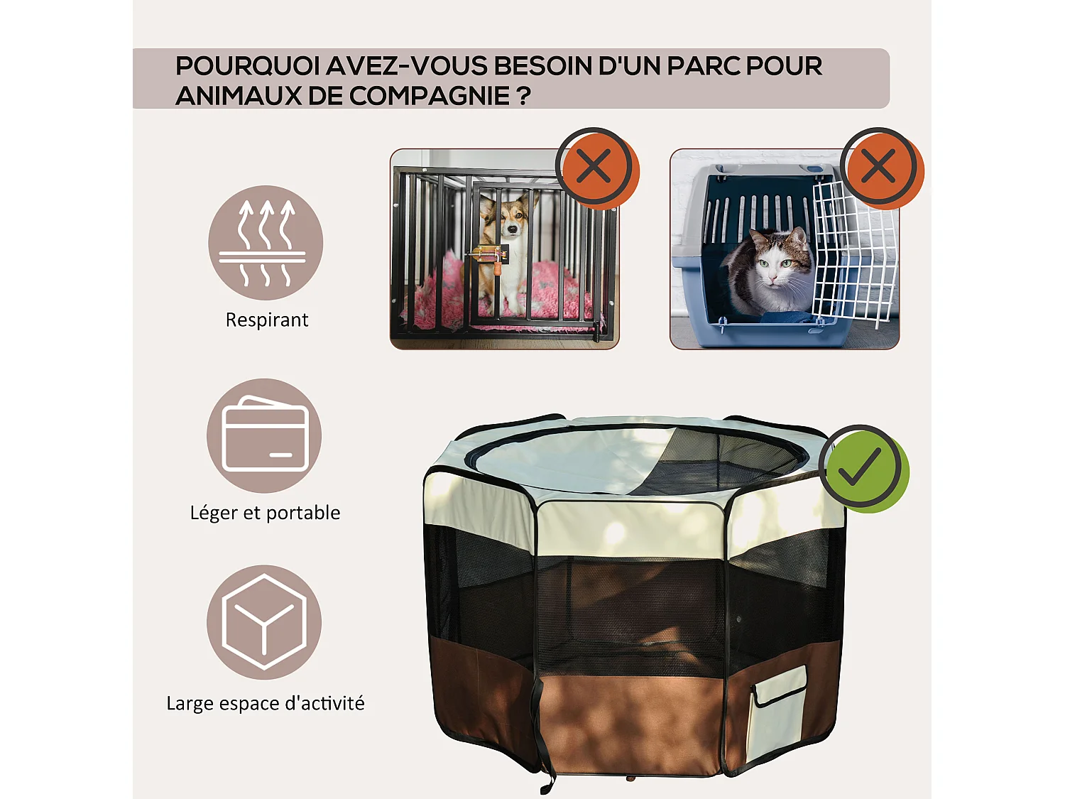 Parc enclos pliable chien chat Ø 117 x 76H cm - 2 portes, 2 poches, sac transport - acier Oxford marron beige