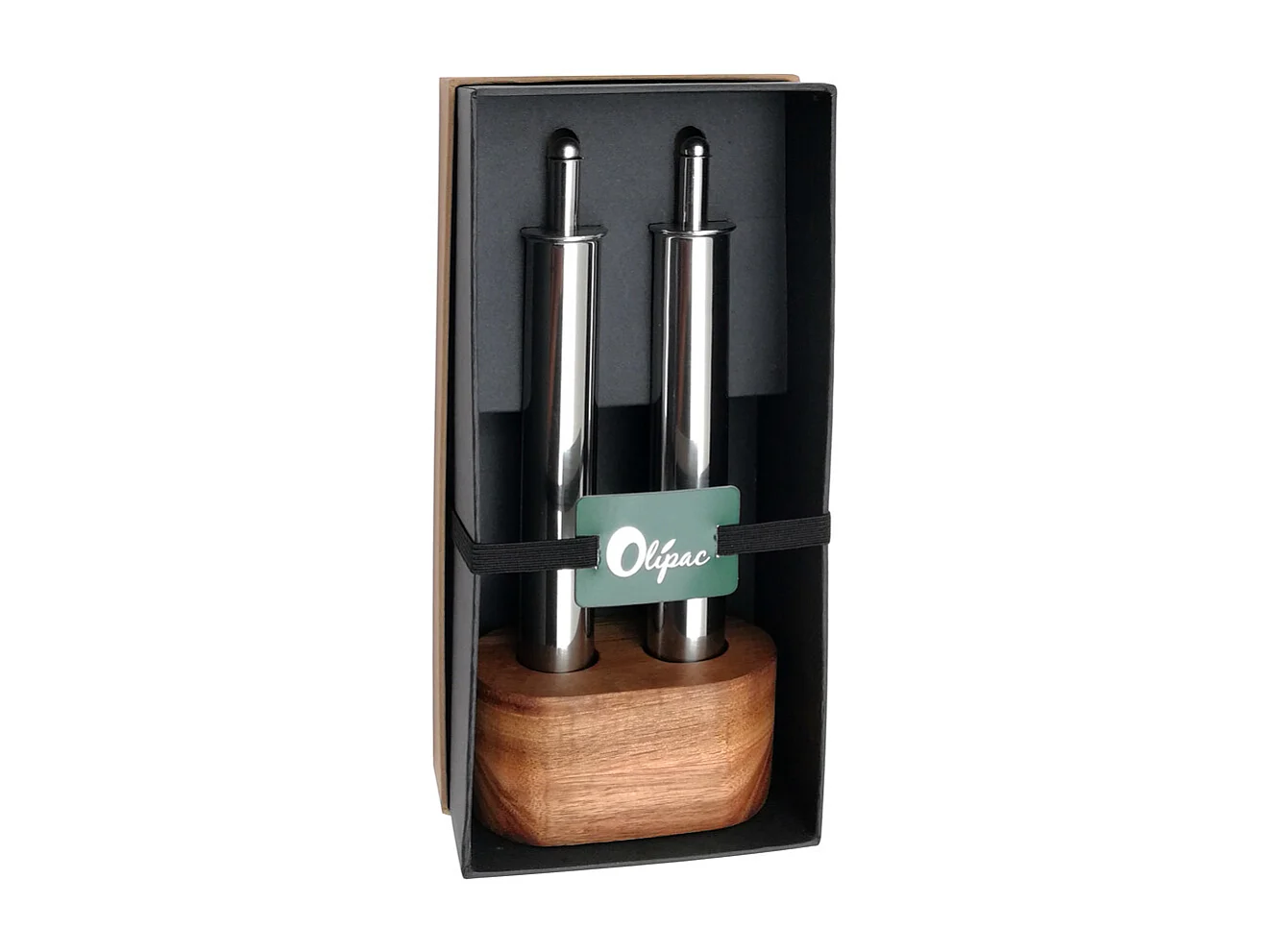Set 2 pièces huile et vinaigre inox avec socle en bois
