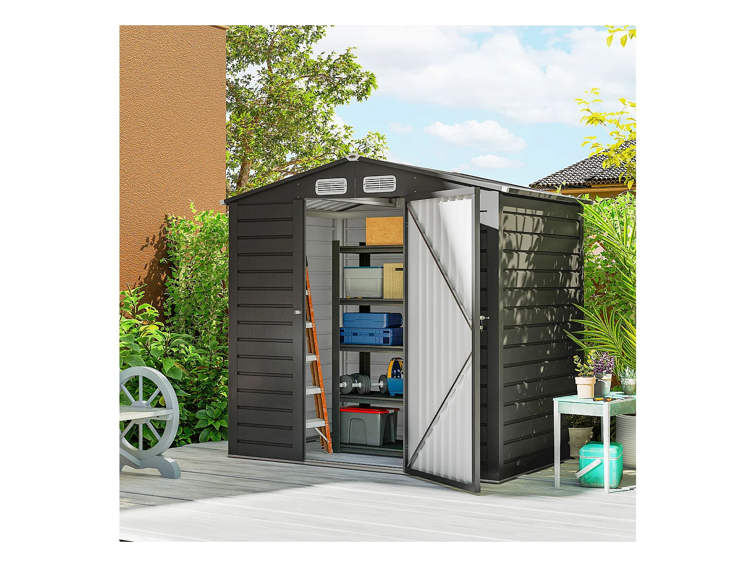Abri de jardin cabanon dim. 190L x 131l x 188H cm porte verrouillable ventilations tôle acier ondulé gris