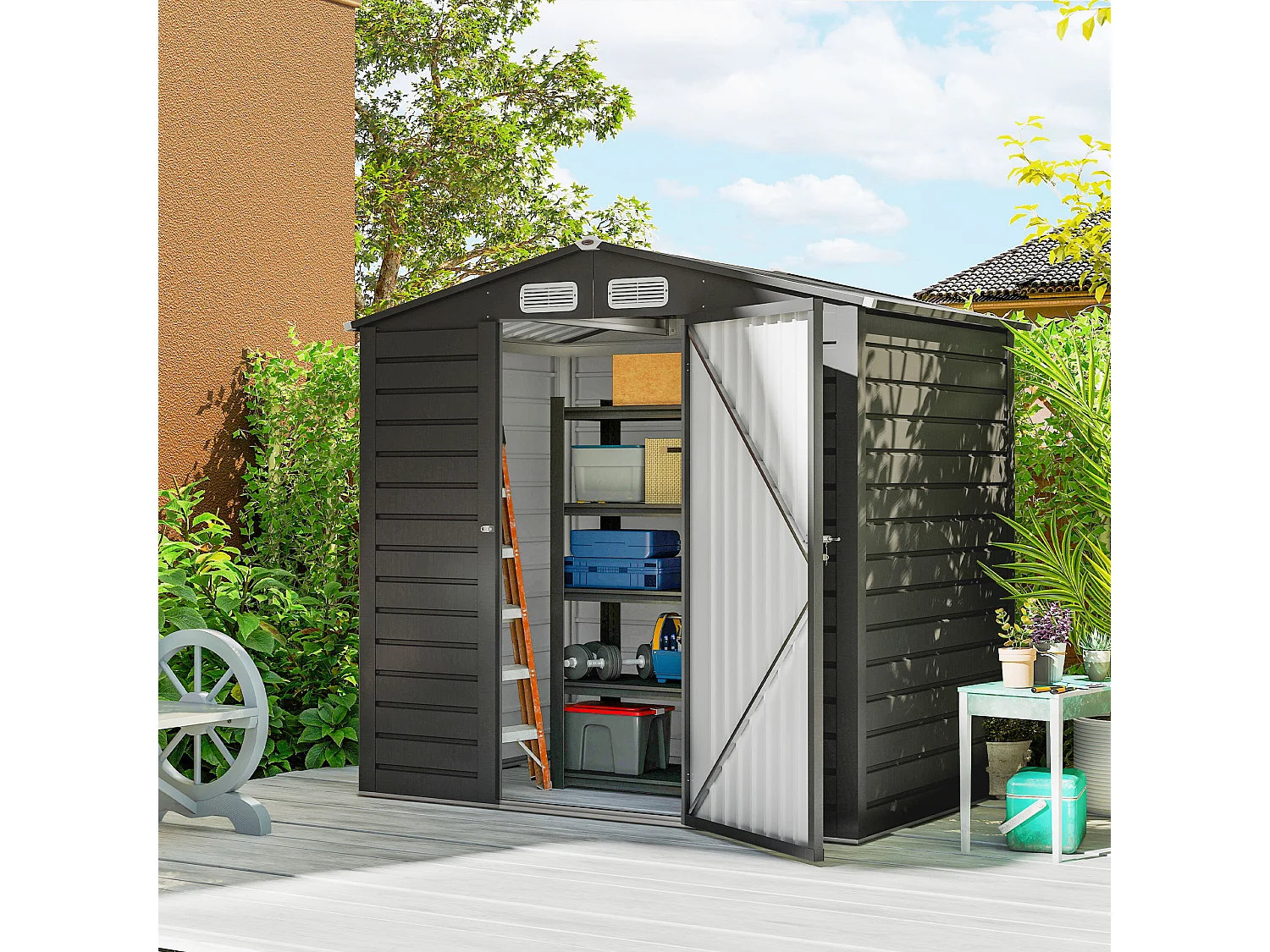 Abri de jardin cabanon dim. 190L x 131l x 188H cm porte verrouillable ventilations tôle acier ondulé gris