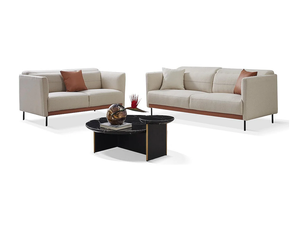 Canapé 2 places en tissu LILY - Blanc et Marron - Angle Droit