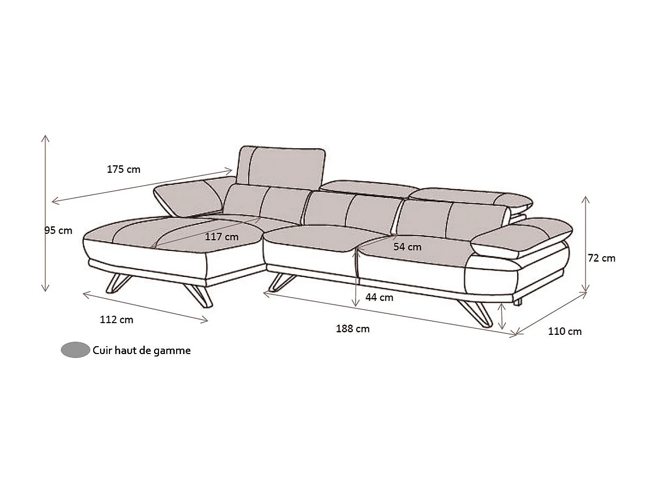 Canapé d'angle en cuir LUKA Noir - Angle Droit