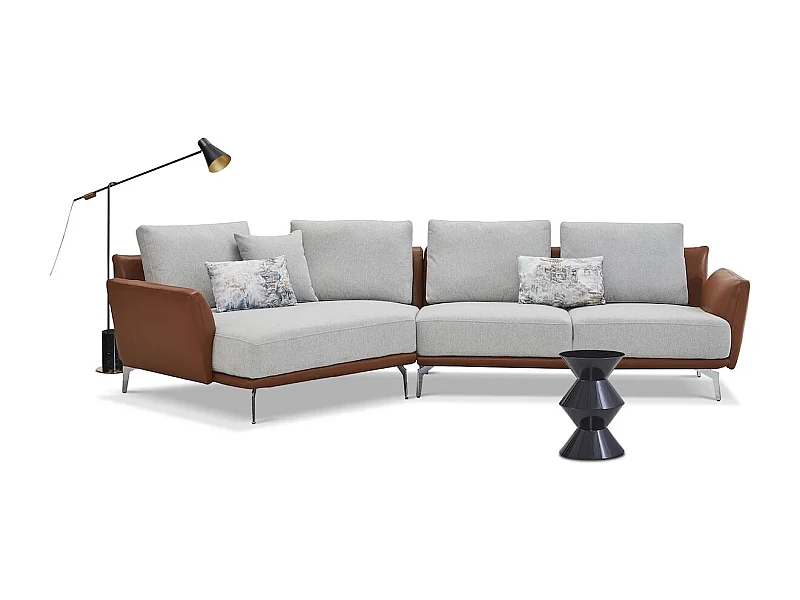 Canapé d'angle en tissu gauche ARON - Gris clair et Marron - Angle Gauche