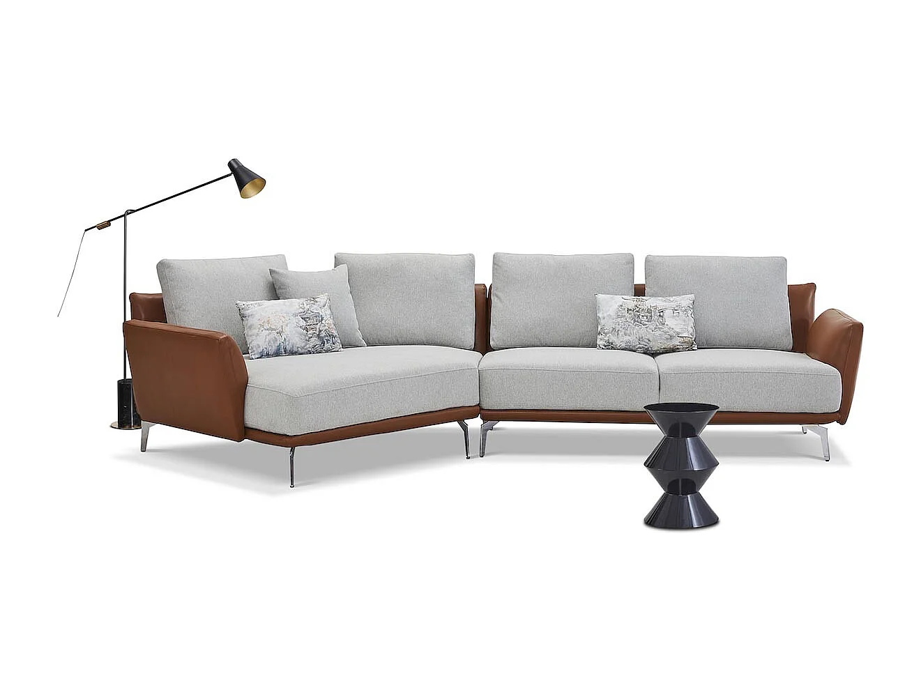 Canapé d'angle en tissu gauche ARON - Gris clair et Marron - Angle Gauche