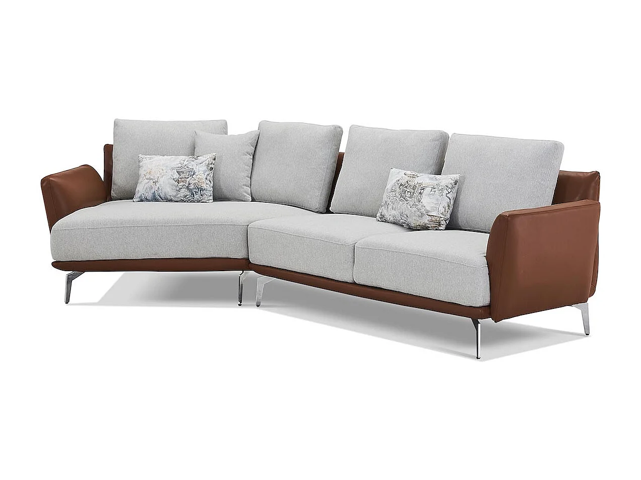Canapé d'angle en tissu gauche ARON - Gris clair et Marron - Angle Gauche