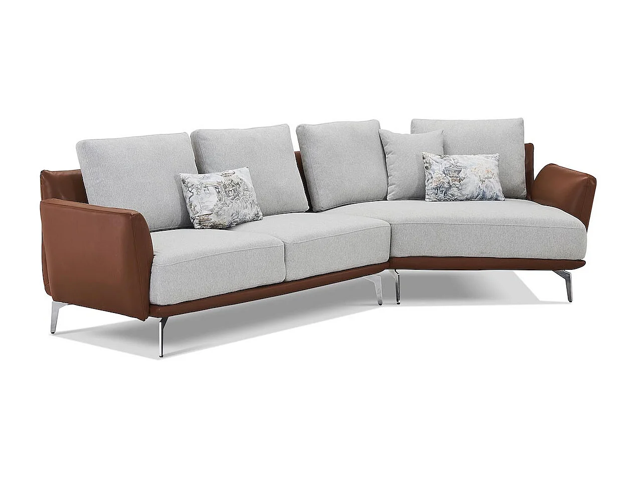 Canapé d'angle en tissu droit ARON - Gris clair et Marron - Angle Gauche