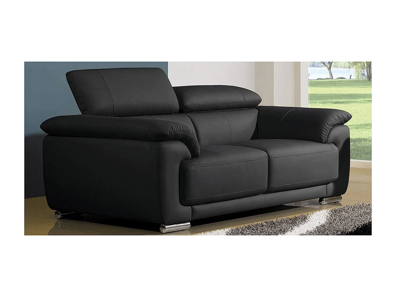 Canapé 2 places en cuir noir MARJORIE - Angle Droit