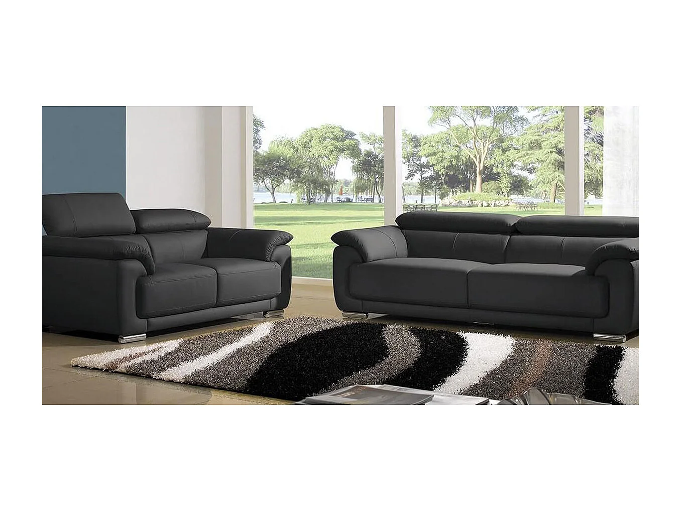 Canapé 2 places en cuir noir MARJORIE - Angle Droit