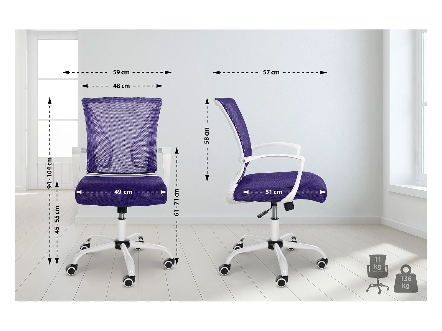 Chaise de bureau - Microfibre & Blanc - Violet - Tracy