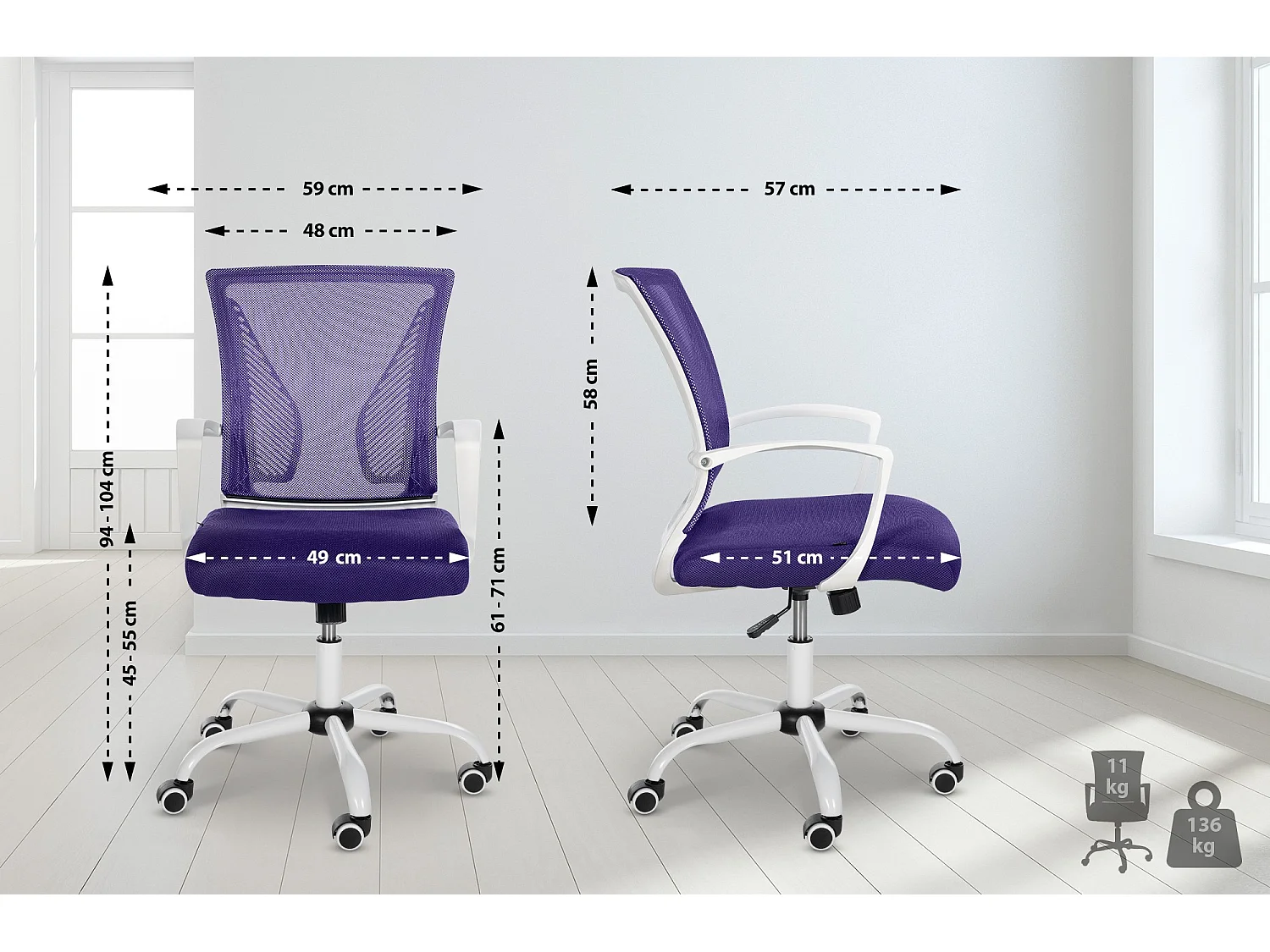 Chaise de bureau - Microfibre & Blanc - Violet - Tracy