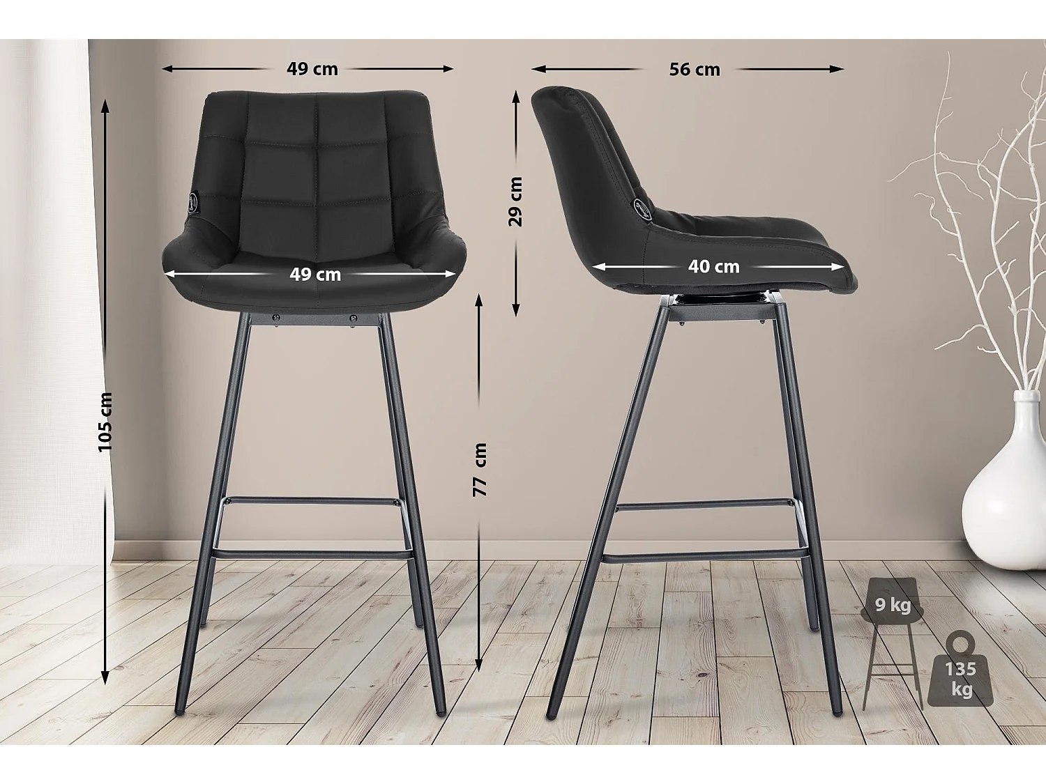 Tabouret de bar - Similicuir - Noir - Weston