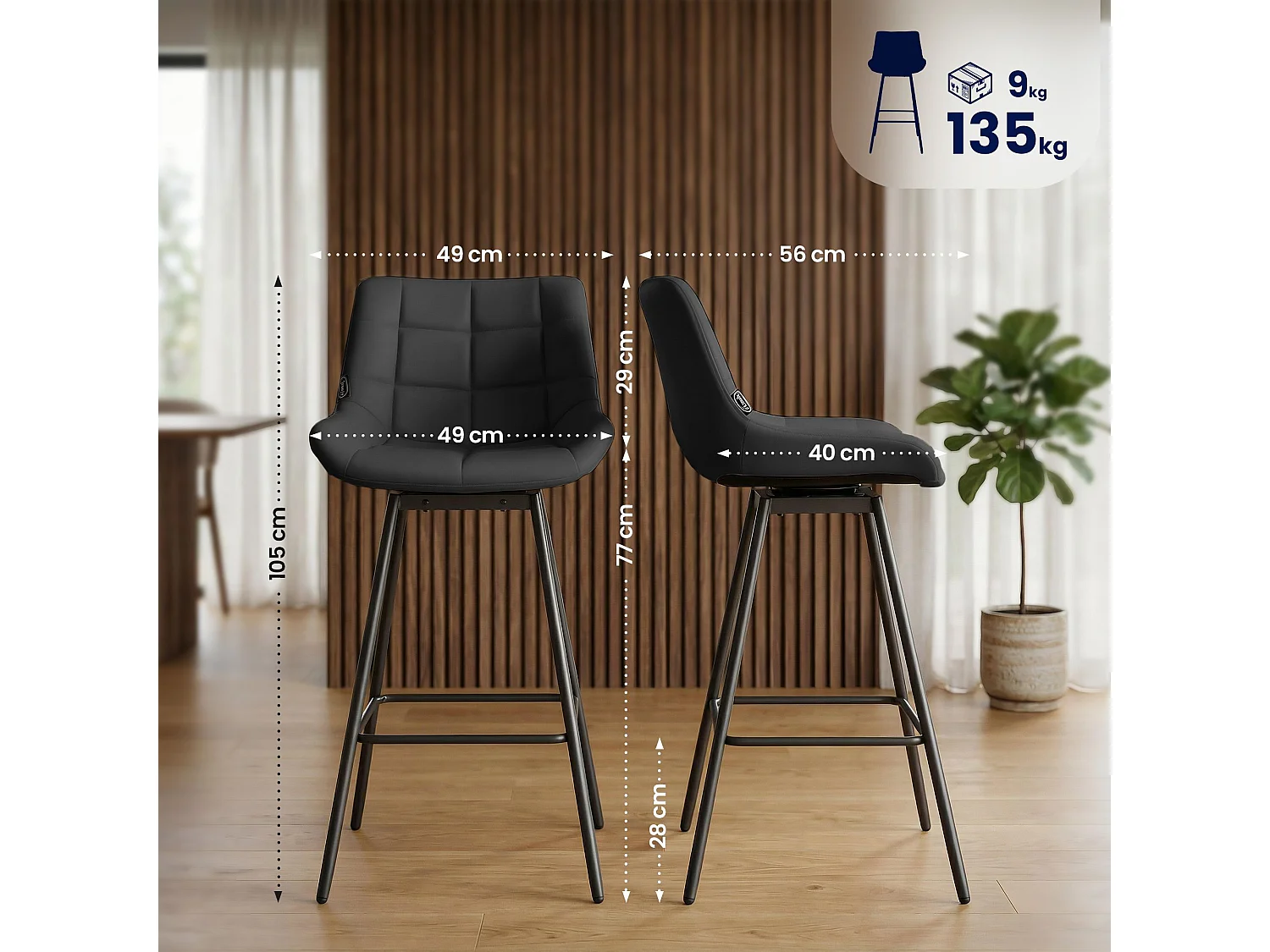 Tabouret de bar - Similicuir - Noir - Weston