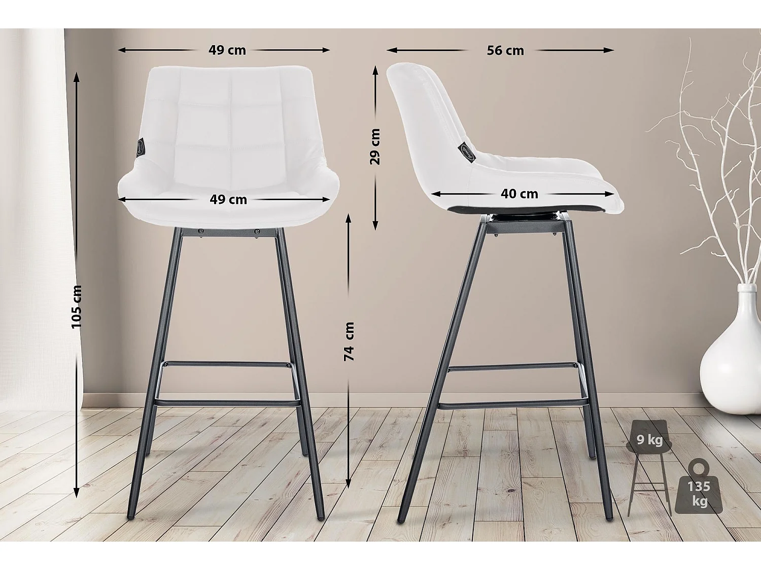Tabouret de bar - Similicuir - Blanc - Weston