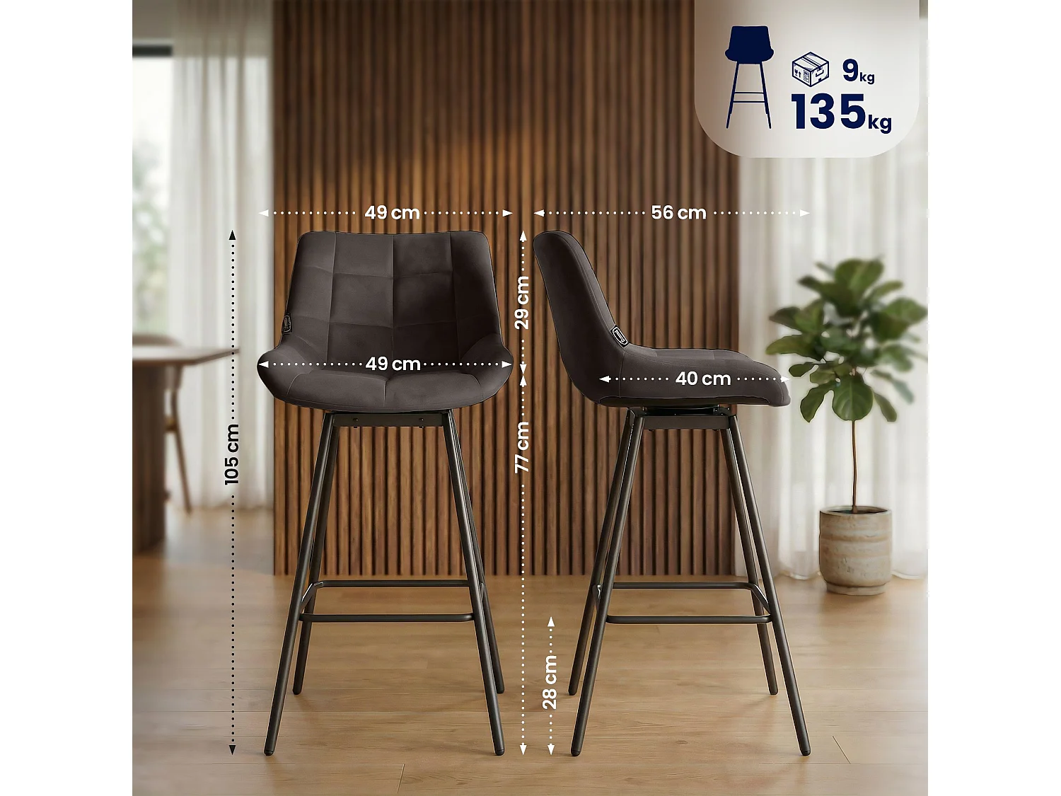 Tabouret de bar - Velours - Marron - Weston