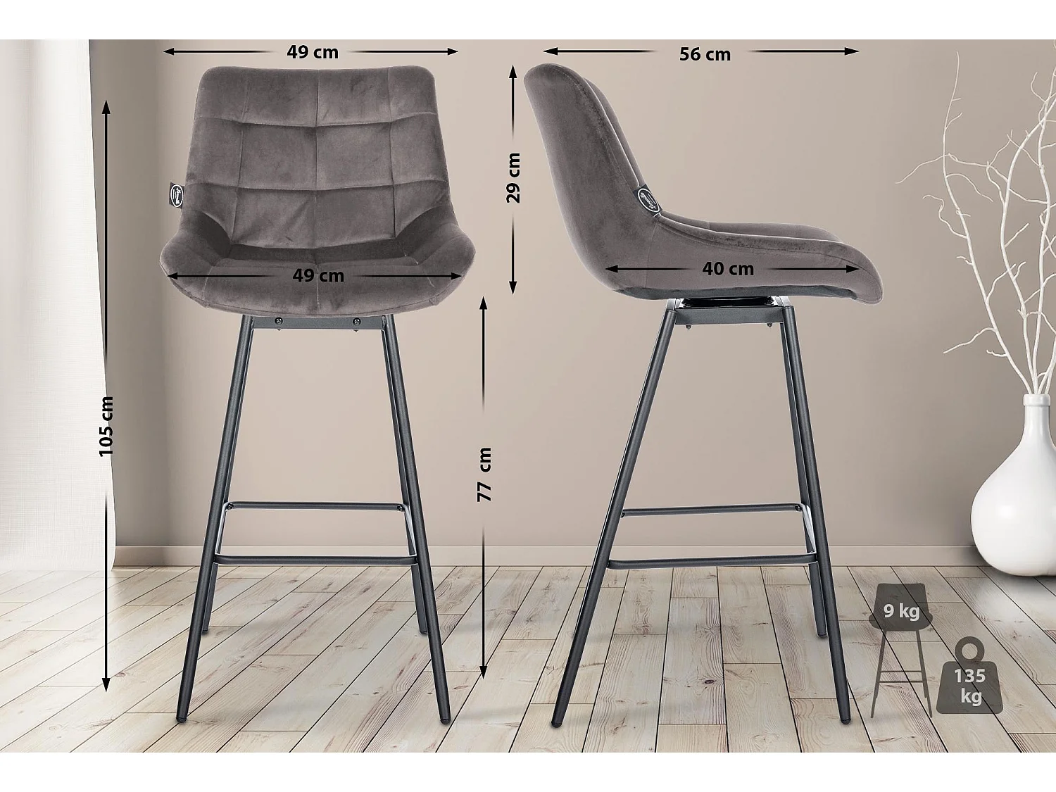 Tabouret de bar - Velours - Gris - Weston