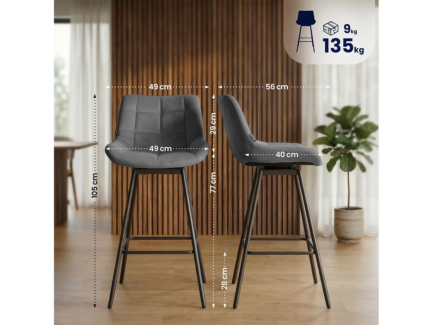 Tabouret de bar - Velours - Gris - Weston