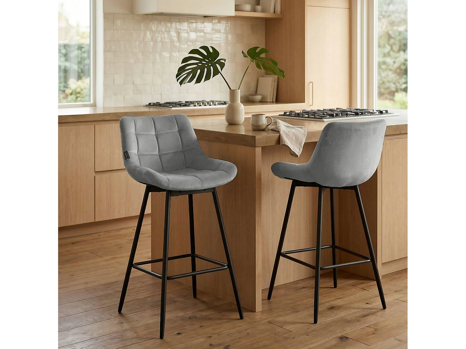 Tabouret de bar - Velours - Gris - Weston