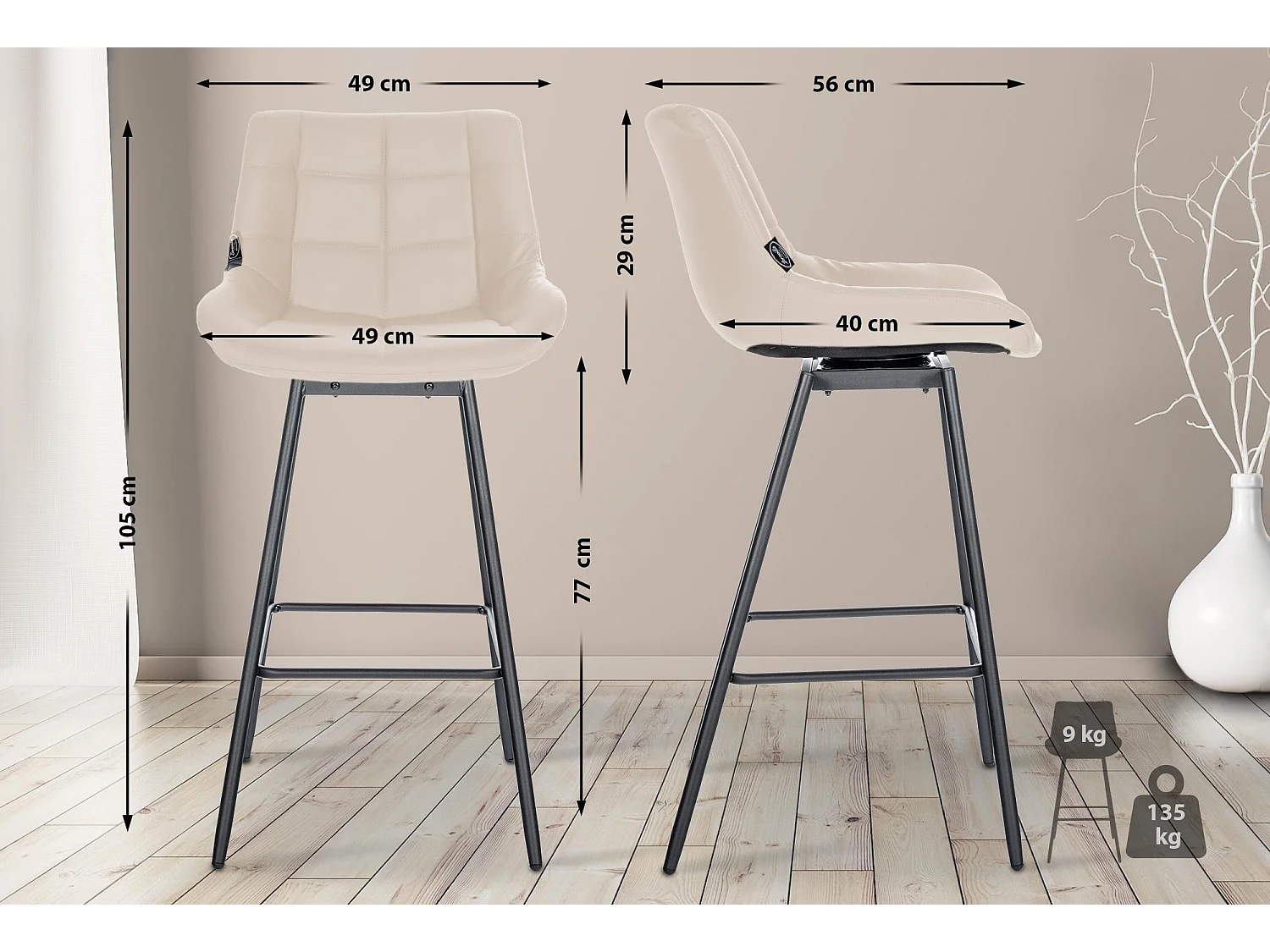 Tabouret de bar - Similicuir - Crème - Weston