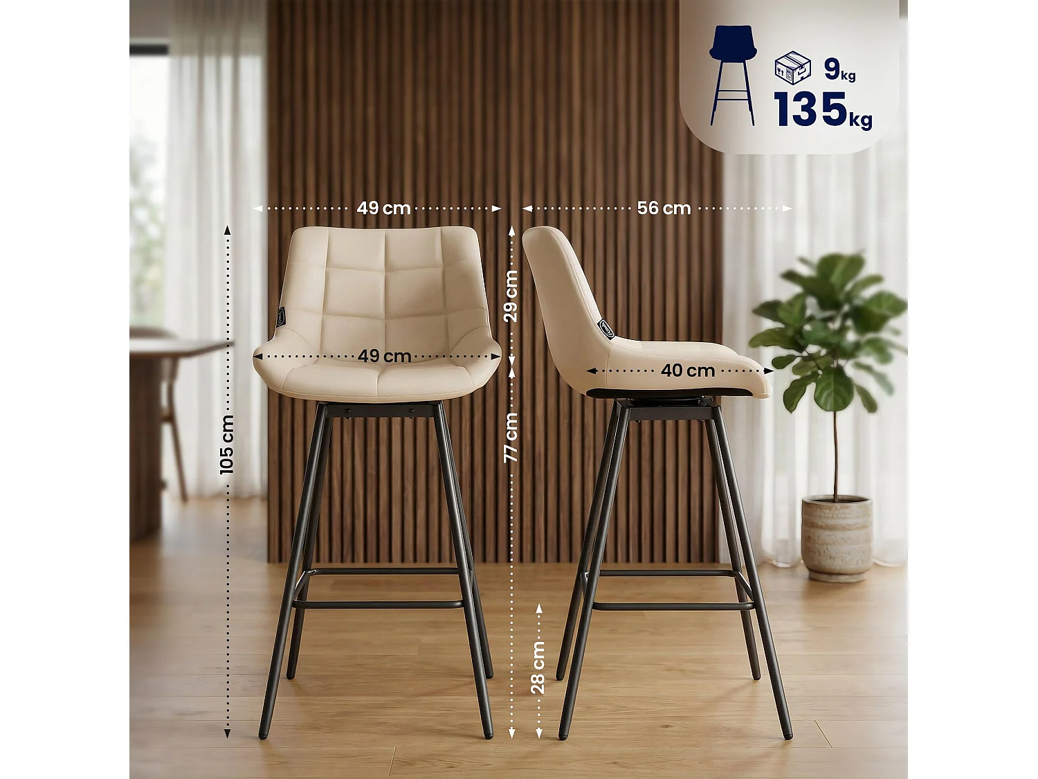 Tabouret de bar - Similicuir - Crème - Weston