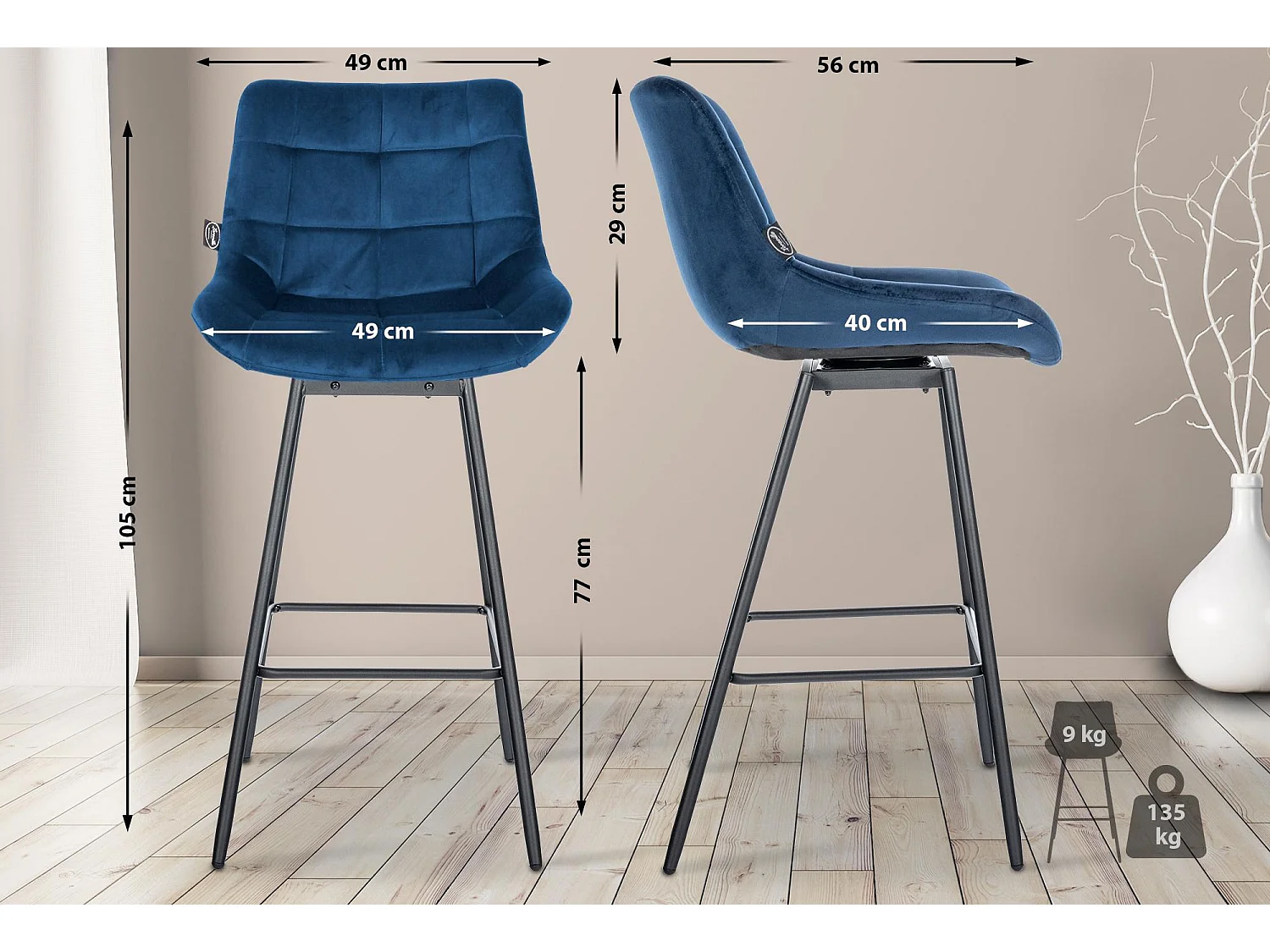 Tabouret de bar - Velours - Bleu - Weston