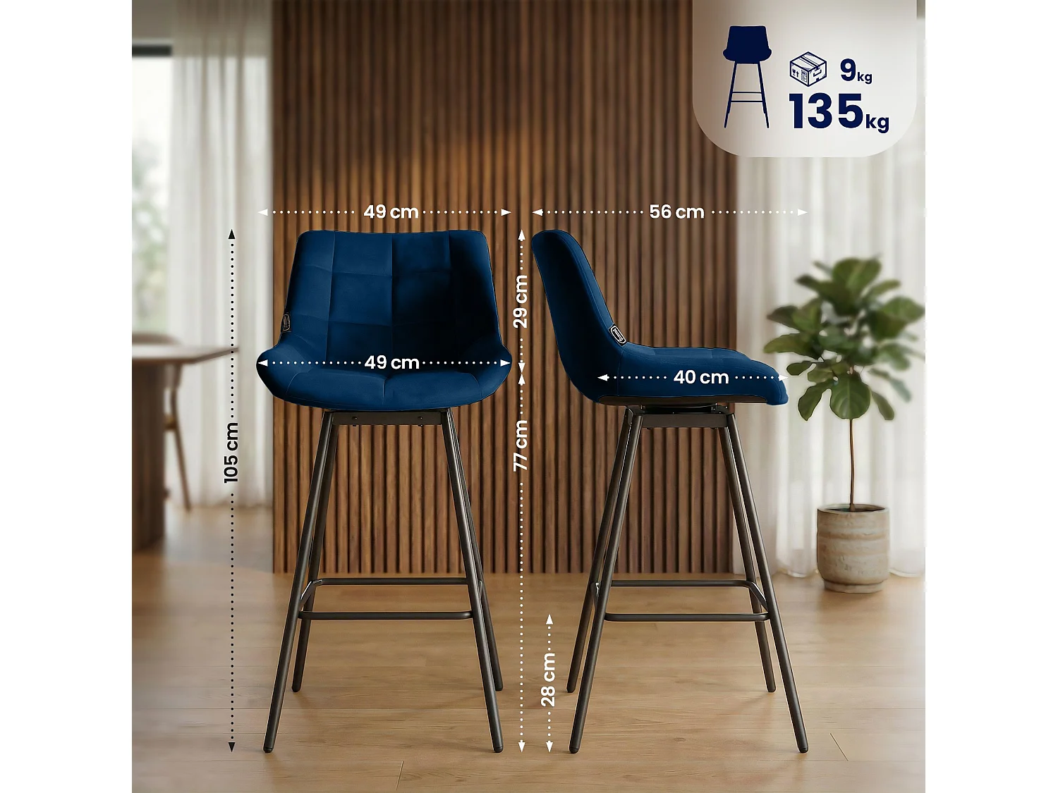 Tabouret de bar - Velours - Bleu - Weston