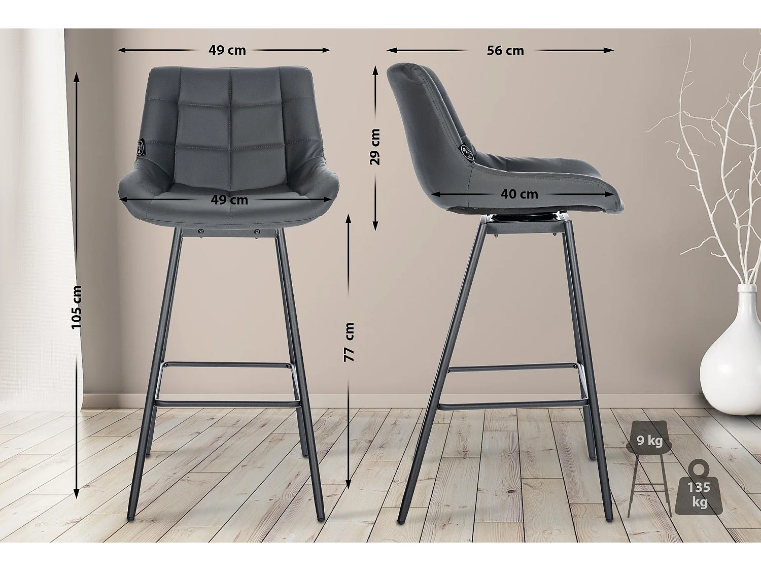 Tabouret de bar - Similicuir - Gris - Weston