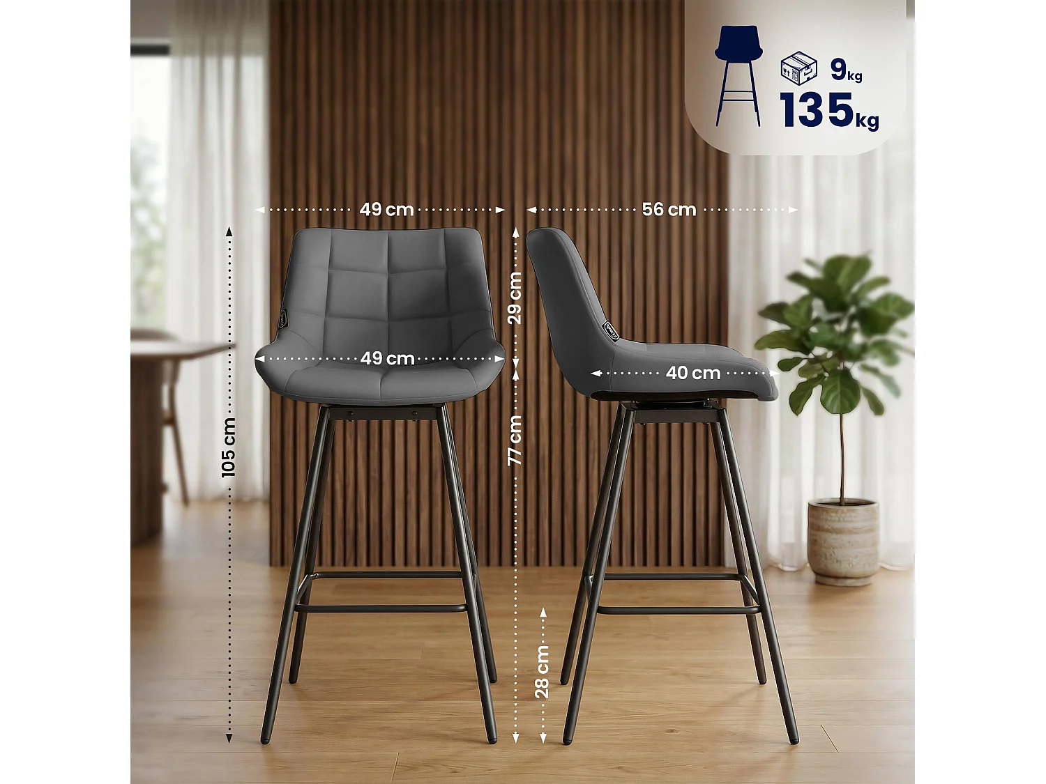 Tabouret de bar - Similicuir - Gris - Weston