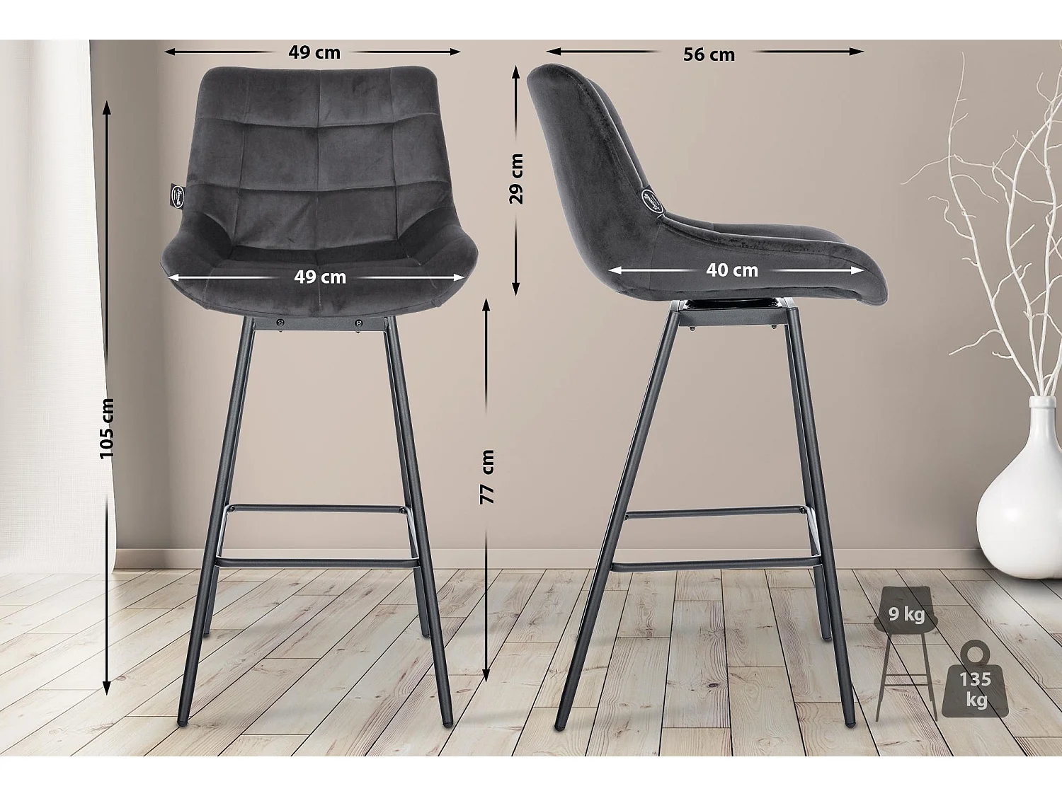 Tabouret de bar - Velours - Gris foncé - Weston