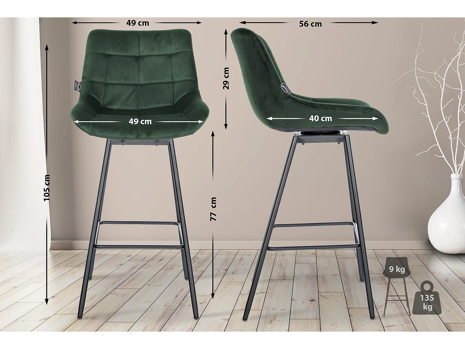 Tabouret de bar - Velours - Vert foncé - Weston